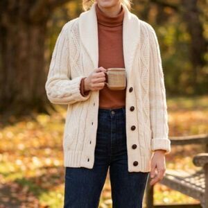 Vintage Sigallo Fisherman Cable Knit Cardigan M Cream Shawl Collar Cottagecore